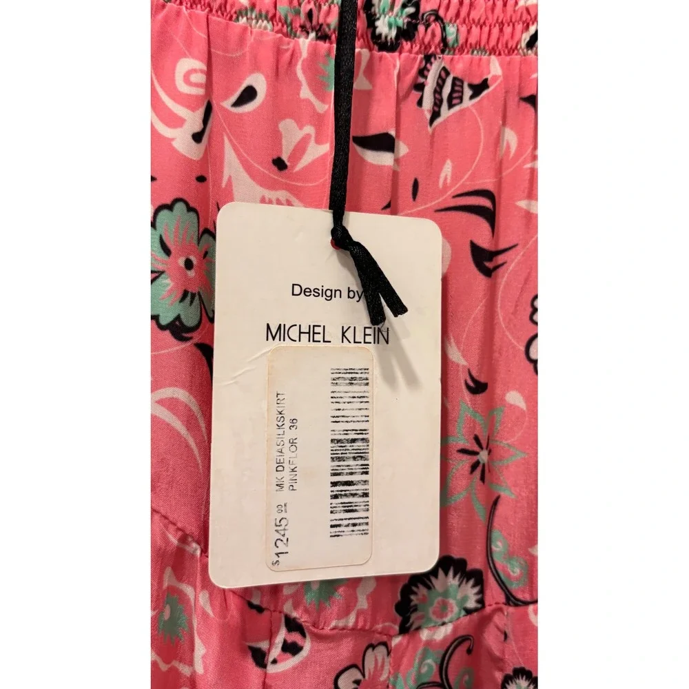 Mimi Liberte Michel Klein Pink Floral Silk Maxi Skirt Smocked Tiered Size 36 NEW